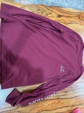 Vineyard Vines Maroon Long Sleeve Pocket Tee with Logo Sleeve Print
